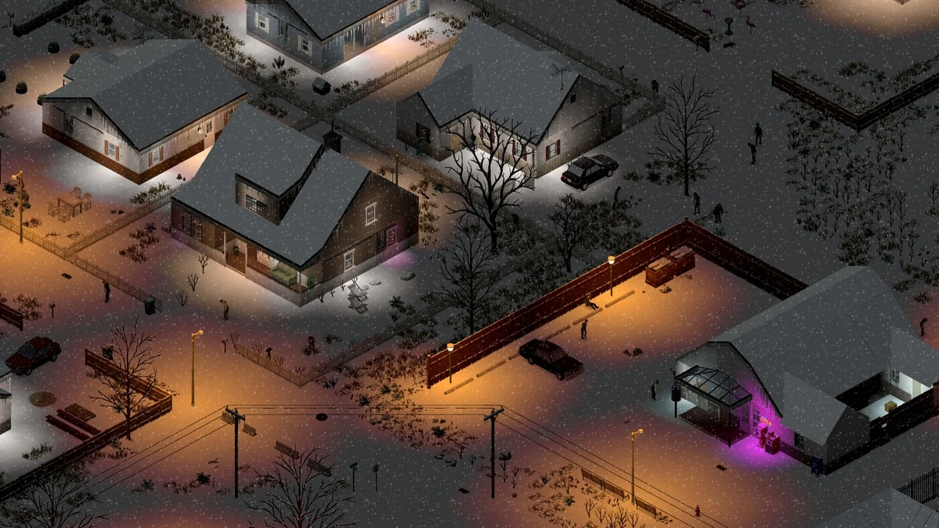 Заснеженная улица жилого района в Project Zomboid