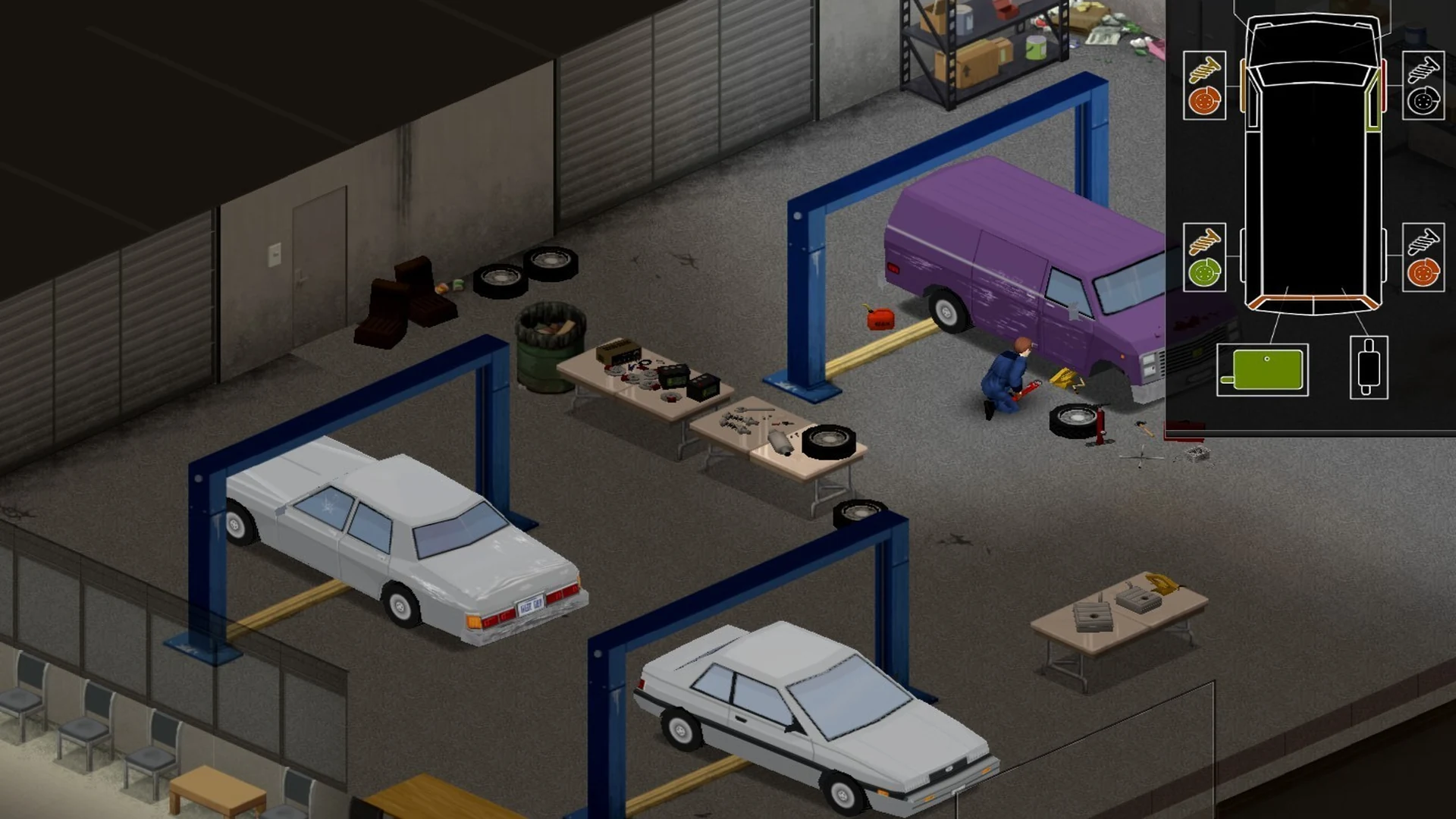 Автосервис с машинами на подъёмниках в Project Zomboid