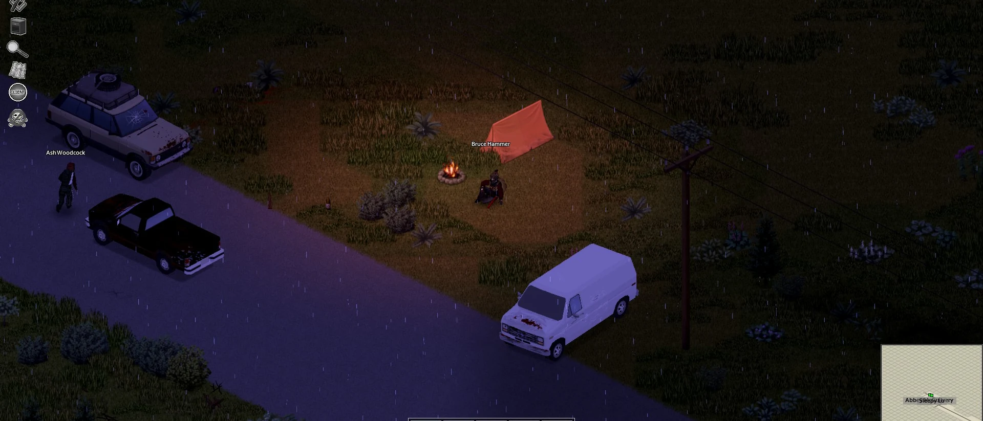 SUV, пикап и фургон на обочине дороги ночью в Project Zomboid Build 42