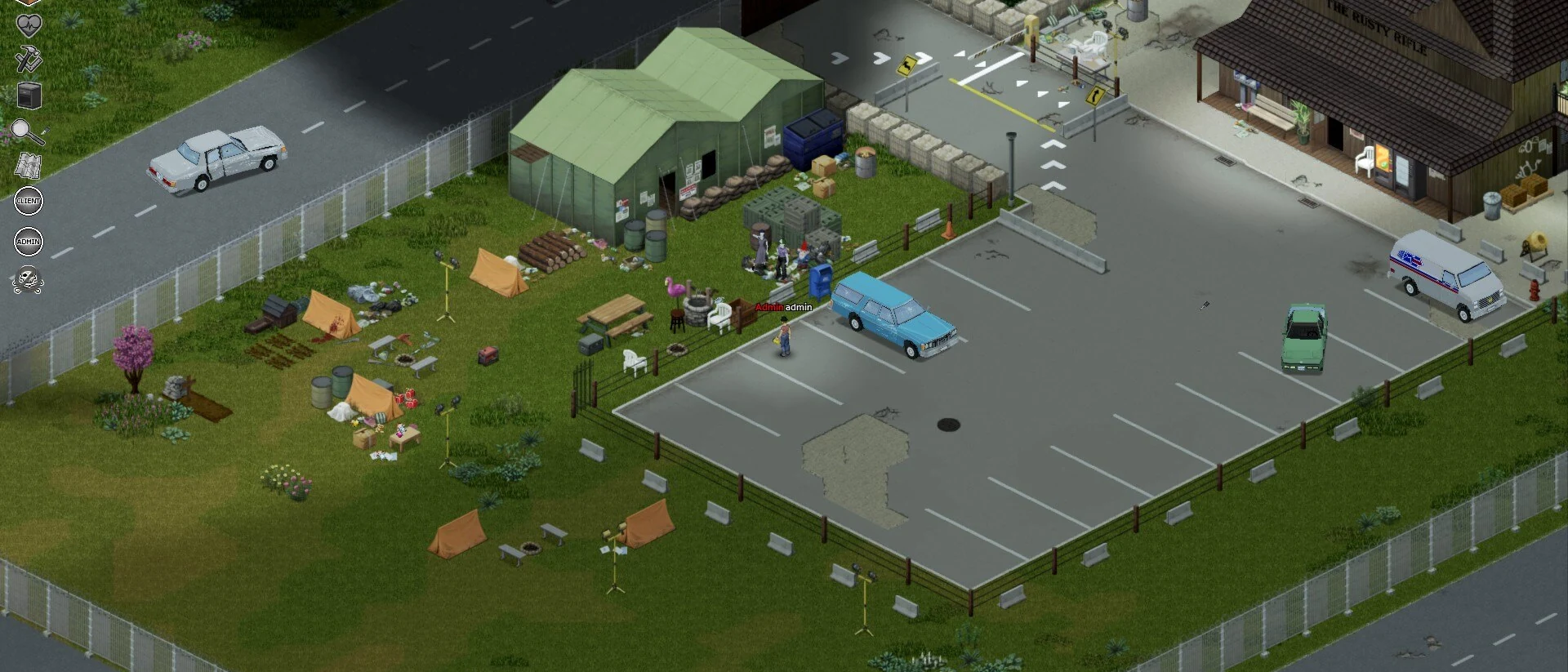 Парковка с несколькими автомобилями у здания в Project Zomboid