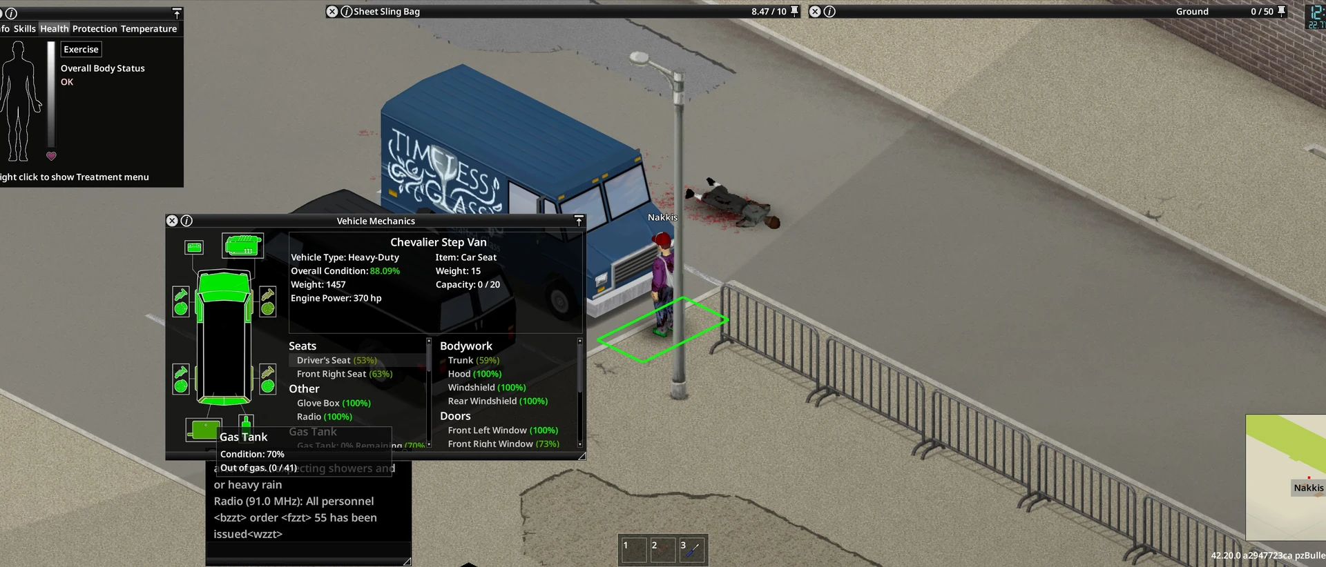 Окно Vehicle Mechanics у фургона в Project Zomboid