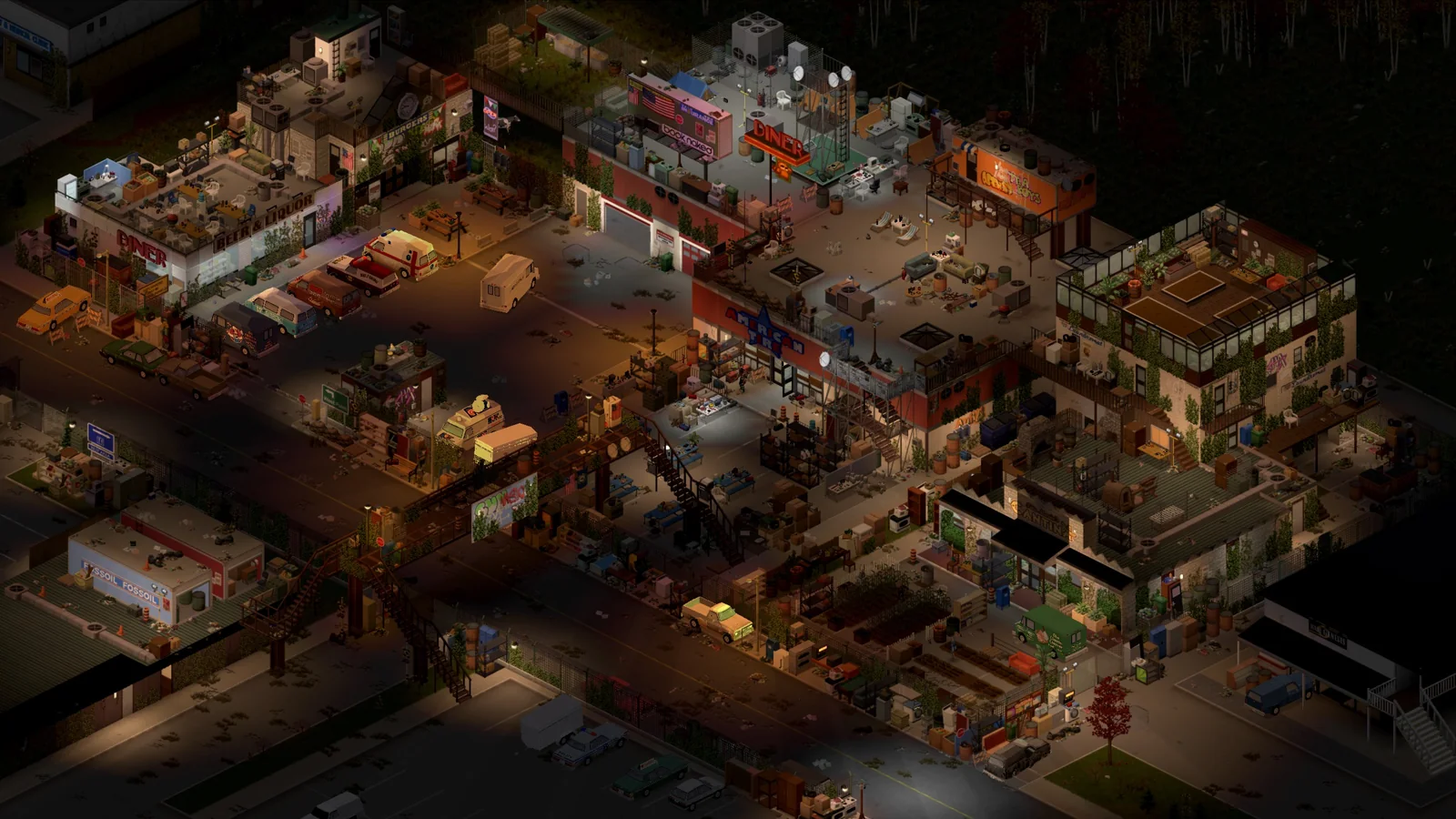 Укреплённая база с автомобилями во дворе — площадка для ремонта в Project Zomboid Build 42