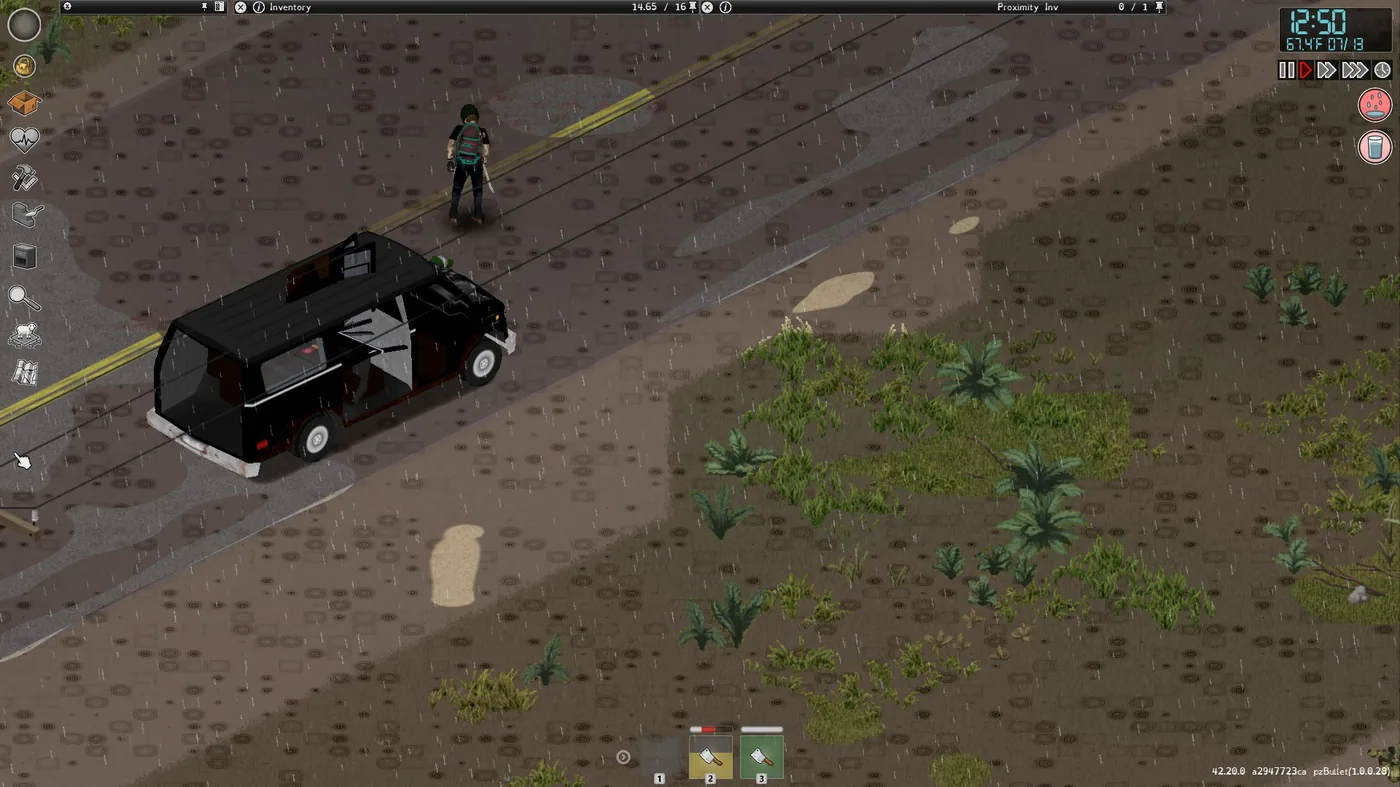 Фургон на дороге в дождь — типичная сцена соло-логистики в Project Zomboid Build 42